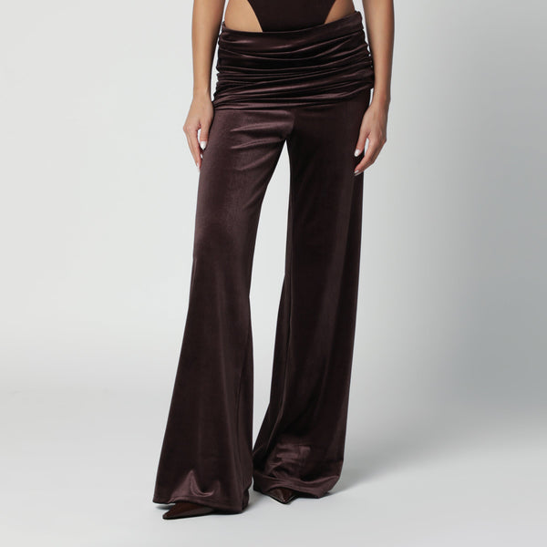 Brown Velvet-Effect Trousers With Draped Waistband