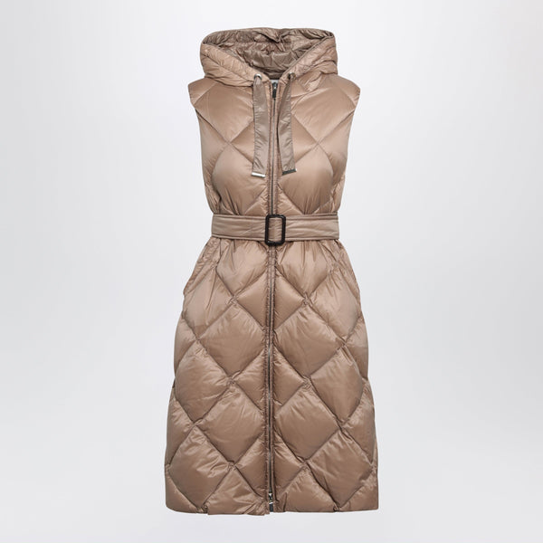 Camel Belted Sleeveless Down Jacket