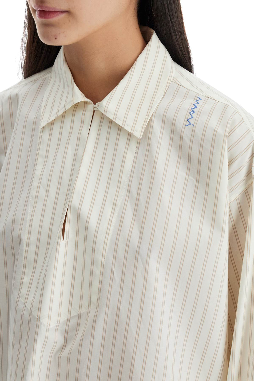 Ivory Striped Cotton Top With Embroidered Logo