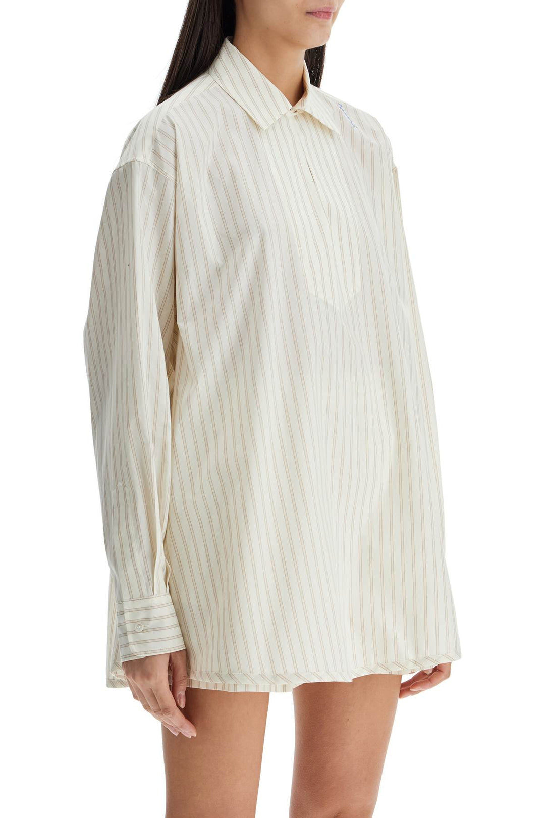 Ivory Striped Cotton Top With Embroidered Logo