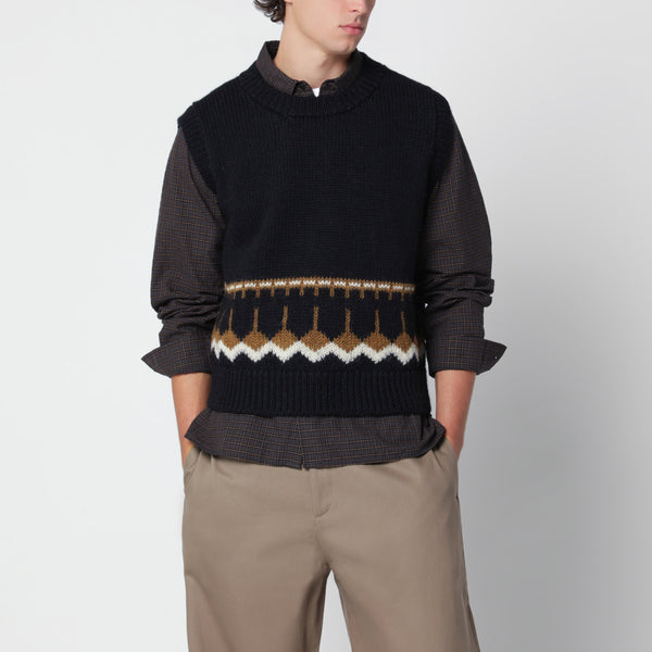 Navy Blue Wool Vest With Geometric Jacquard Pattern