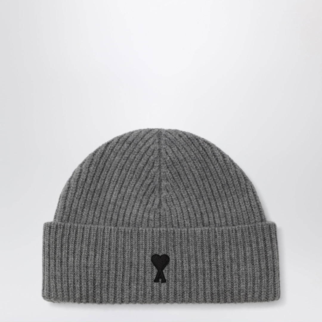 Ami Paris Ami De Coeur Beanie In Grey Wool Blend