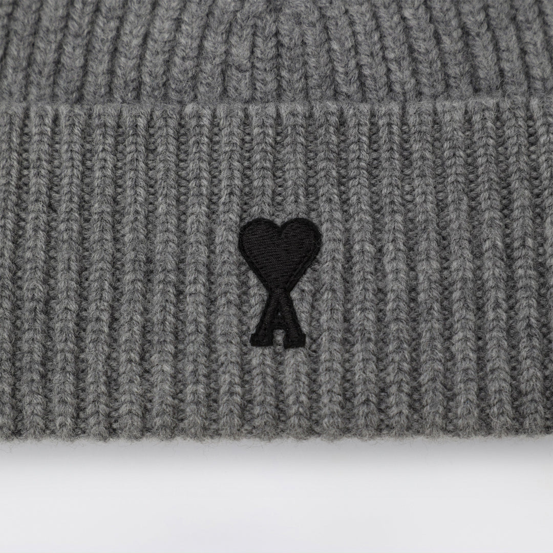 Ami Paris Ami De Coeur Beanie In Grey Wool Blend