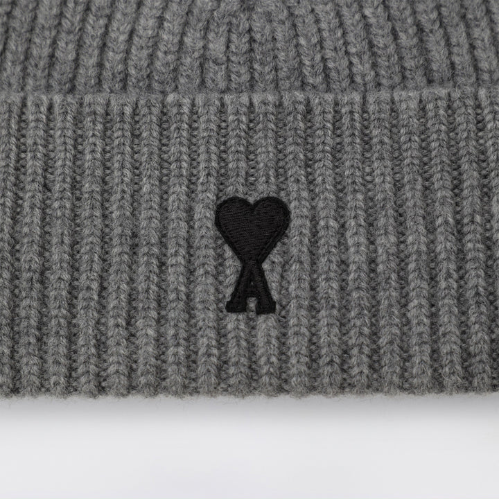 Ami Paris Ami De Coeur Beanie In Grey Wool Blend