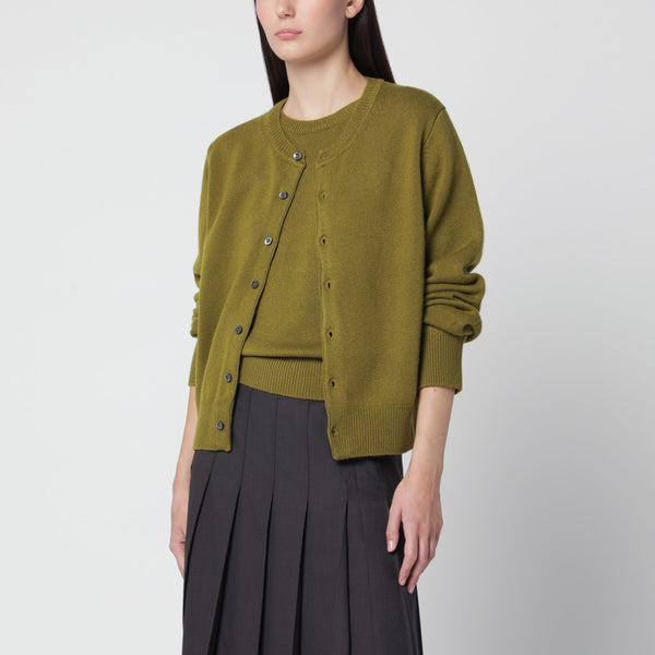 Olive Green Wool-Blend Crewneck Cardigan
