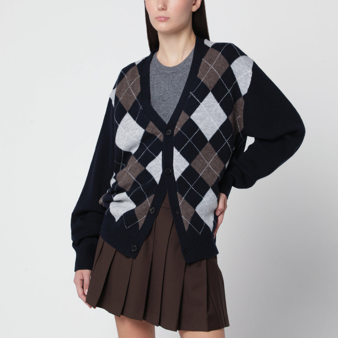 Dunst Navy Blue Wool Cardigan With Argyle Pattern