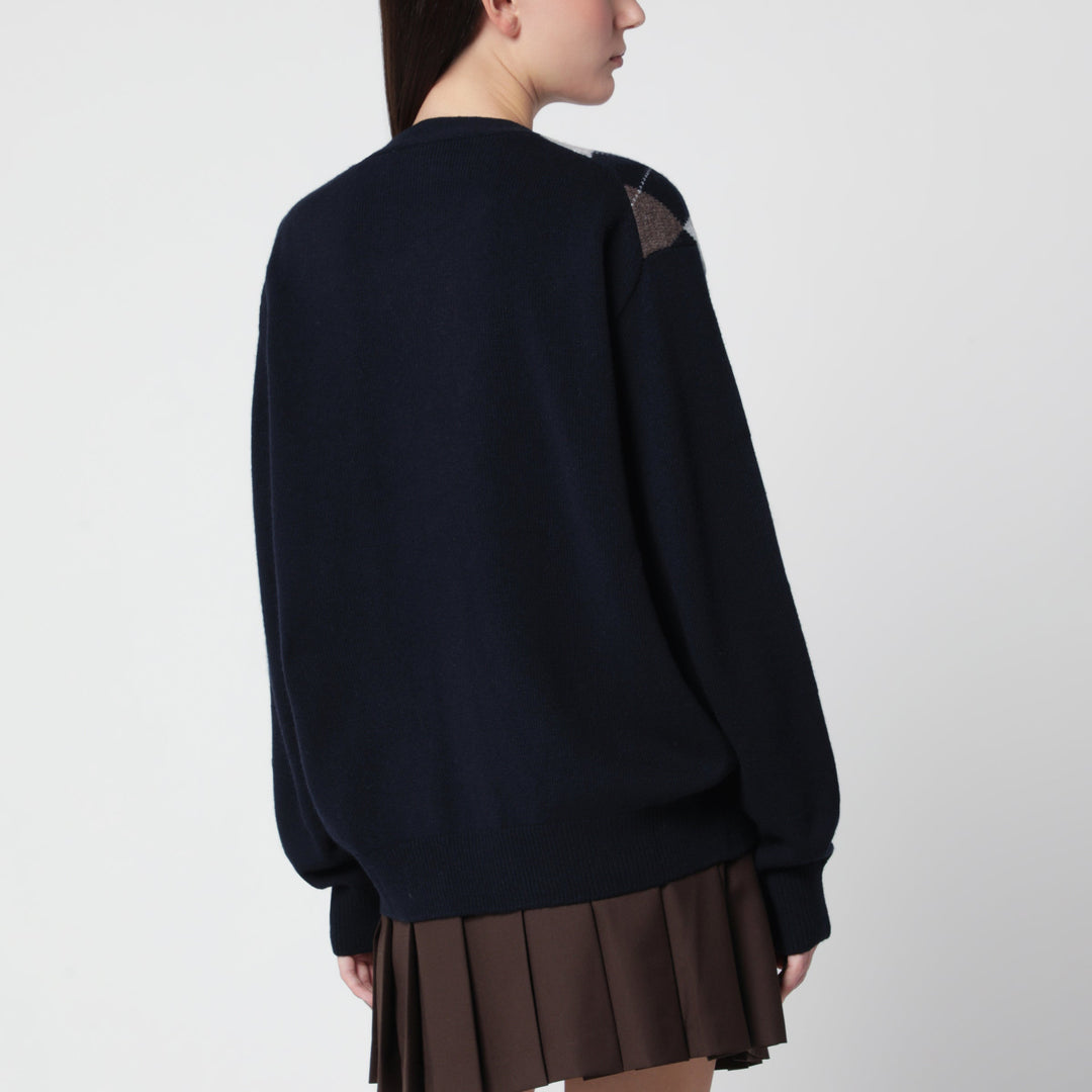 Dunst Navy Blue Wool Cardigan With Argyle Pattern