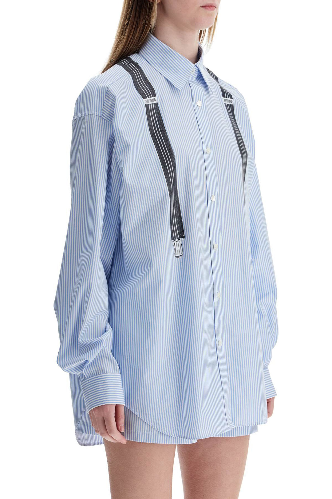 Light Blue Cotton Striped Shirt With Decorative Straps