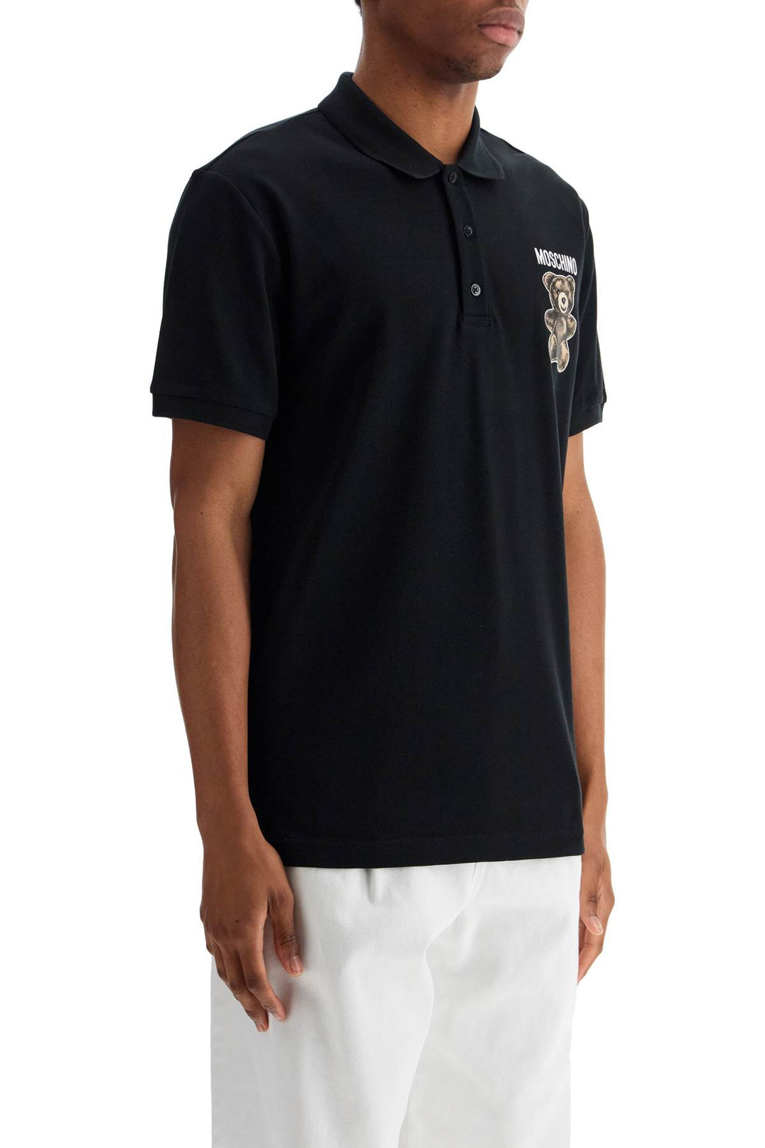 Black Cotton Polo With Bear Print