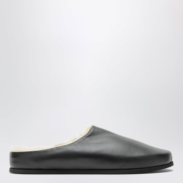 Black Slipper Shoes In Leather With Shearling Lining