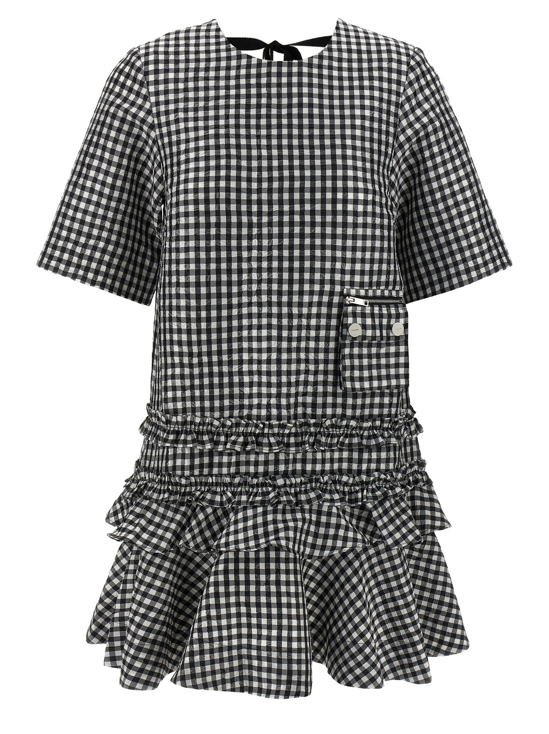 Ganni Crinkled Check Mini Dresses - White/Black | 52736a4895a46903a6bb8892754d6a7cd553c910