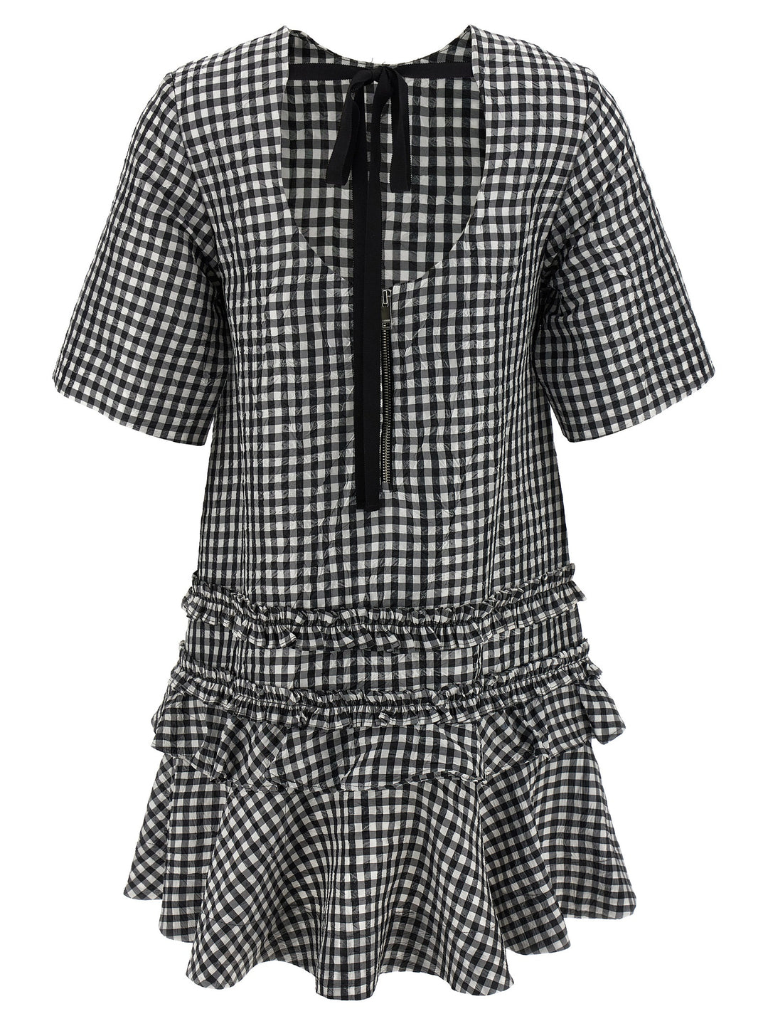 Ganni Crinkled Check Mini Dresses - White/Black | 60cd2de69188c9cfe907fe09d9bb95d6333a3812