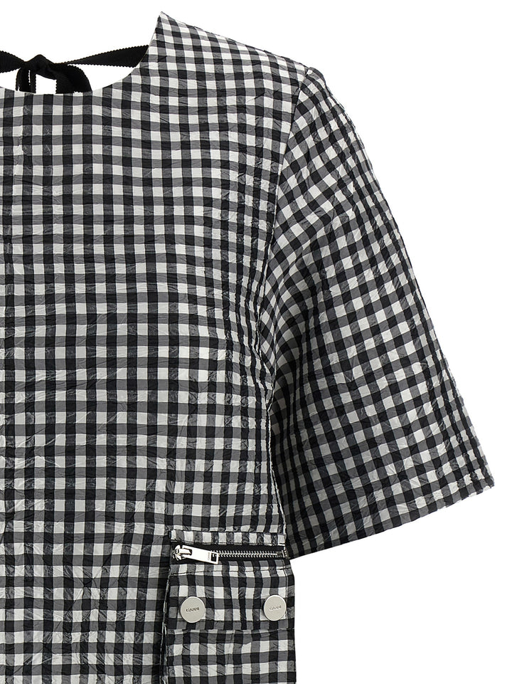 Ganni Crinkled Check Mini Dresses - White/Black | 86558e10b58e3b4bf52f9575fa75da91aa54adac