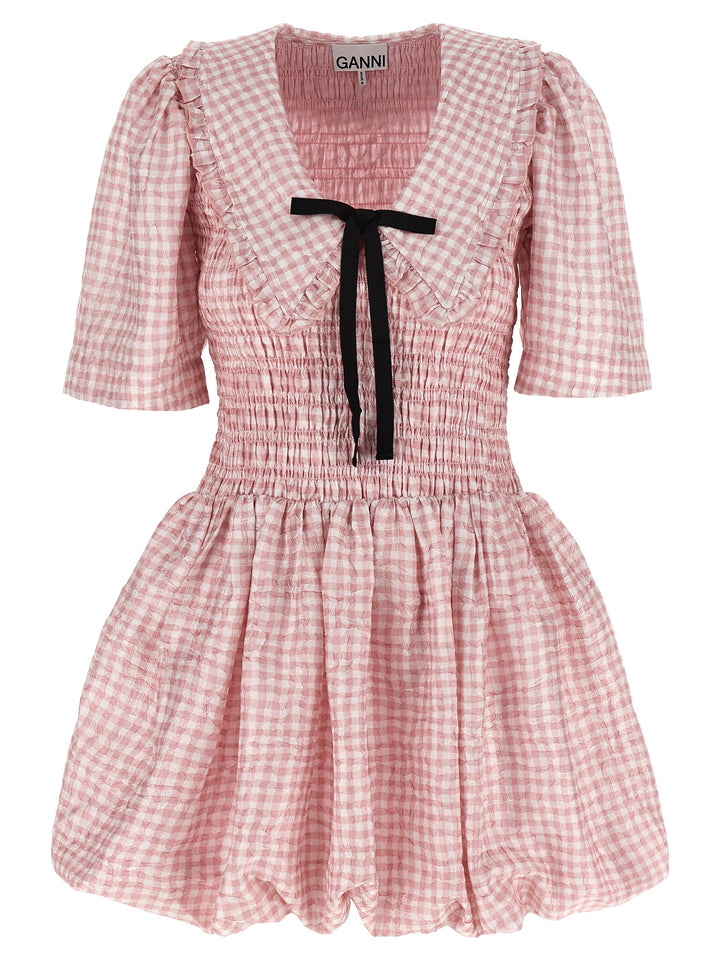 ganni pink poplin dress GANNI Colorblock Puff Sleeve Mini Dress Pink Smocked Cotton Poplin Siz Celebrity Owned