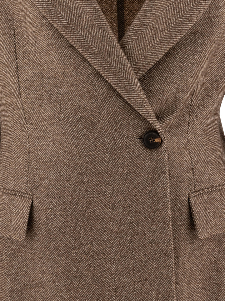 Brunello Cucinelli Brushed Techno Wool Chevron Blazer With Monili Jackets and Coats - Brown | c2abd1d6a059e987c3c69eee5631a52d8ef340c6