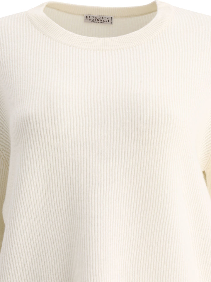 Brunello Cucinelli Cashmere English Rib Sweater With Monili Knitwear - White | 19a2e849c4d01d1b17f802de2b9b6fc11c7e2a63