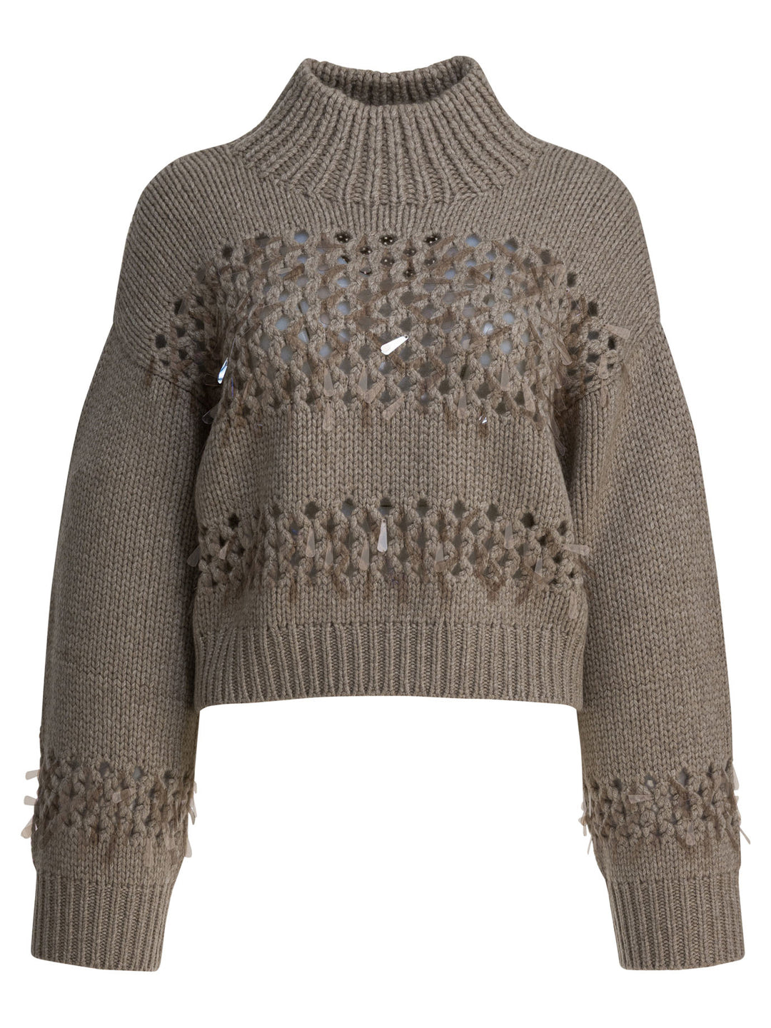 Brunello Cucinelli Embellished Cashmere Crewneck Sweater Knitwear - Brown | 40e6654b6d409b723a4b0182499a24b10eab0c95