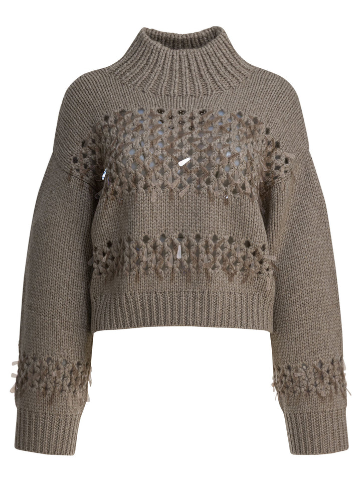 Brunello Cucinelli Embellished Cashmere Crewneck Sweater Knitwear - Brown | 40e6654b6d409b723a4b0182499a24b10eab0c95