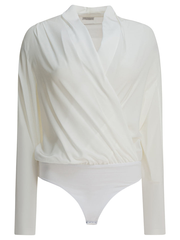 Brunello Cucinelli Silk Crepe De Chine Bodysuit Tops - White | 8e6636e4a0df9d7392c5f33592703fa491739108