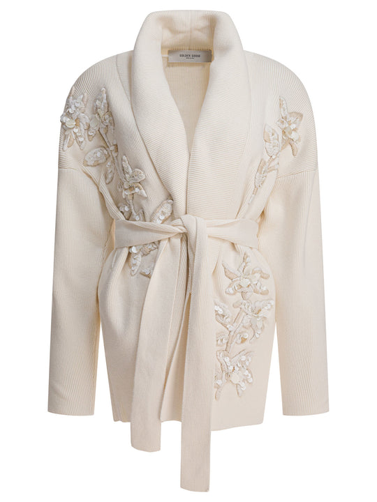 Cardigan With Floral Embroidery Knitwear White