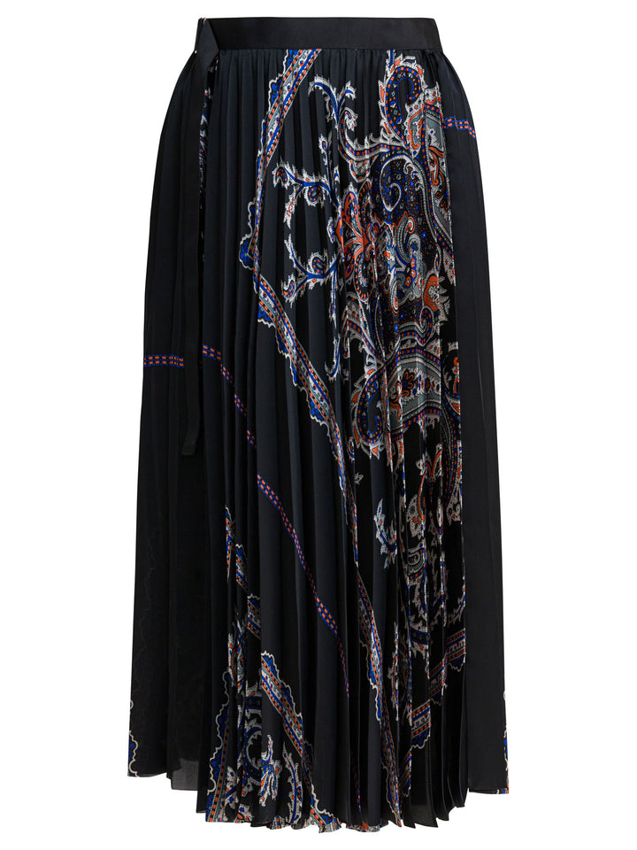 Sacai Pleated Skirt With Paisley Print Skirts - Black | e558a9019f157ef904ed2e6937d3948aa31a70c9