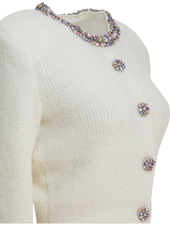 Self-Portrait Embellished Wool-Blend Cardigan Knitwear - Beige | 92411f495370efba1d11b6db4589d2720b10e966