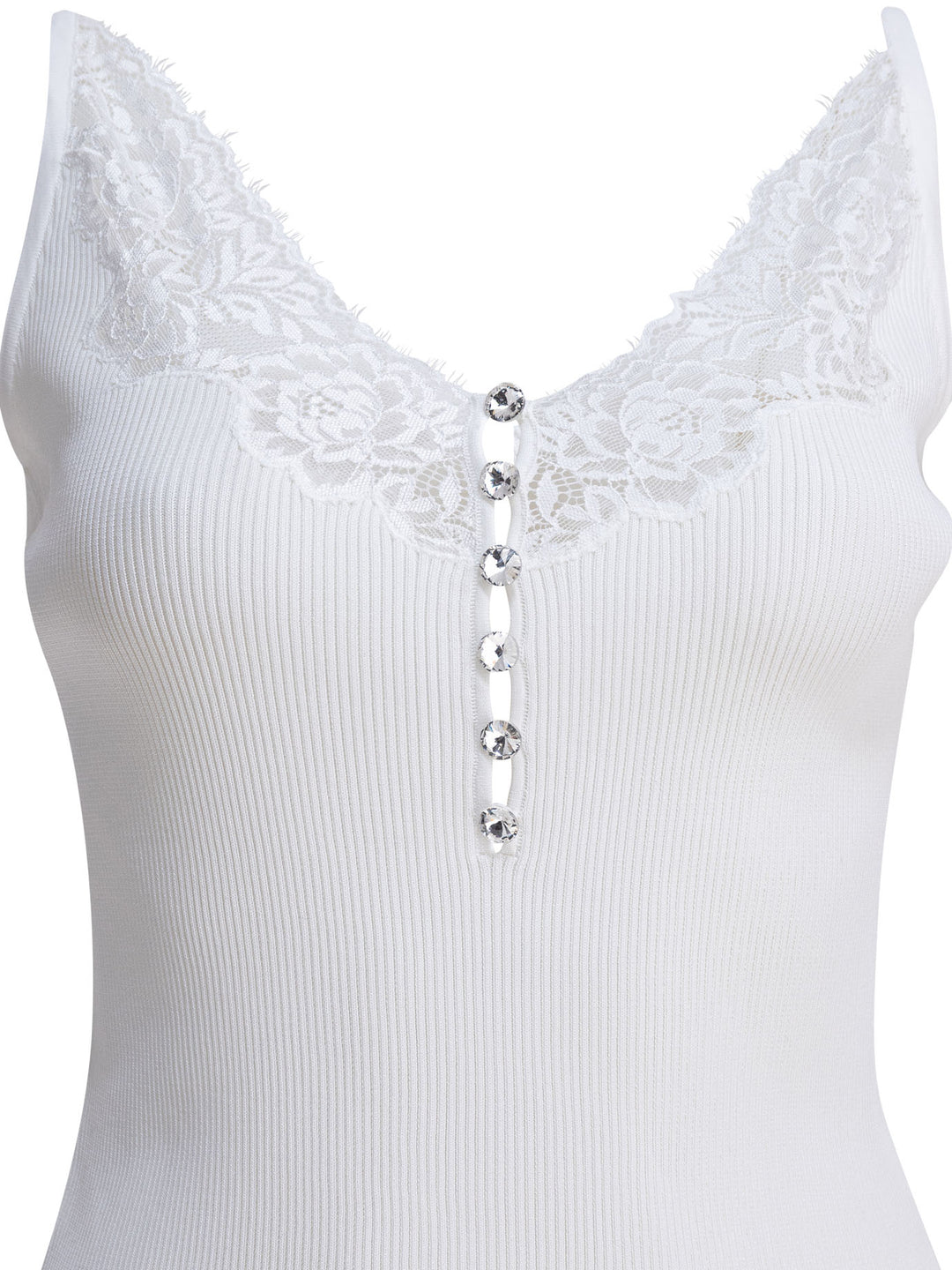 Self-Portrait Ribbed Tank Top With Lace Neckline Tops - White | b0d36733dd546af40b57c647a1409e49f24d7030