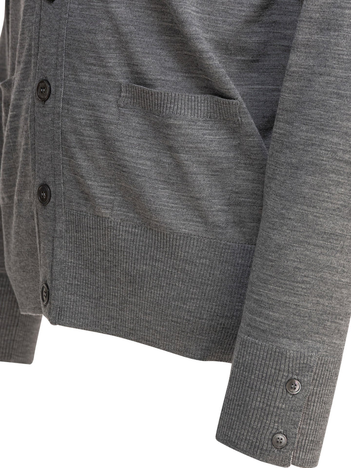 Thom Browne Classic V-Neck Cardigan In Fine Merino Wool W/ 4bar Stripes Knitwear - Grey | 52dc95bc2f77c29a2070d46f6c568ce8cb5796f3