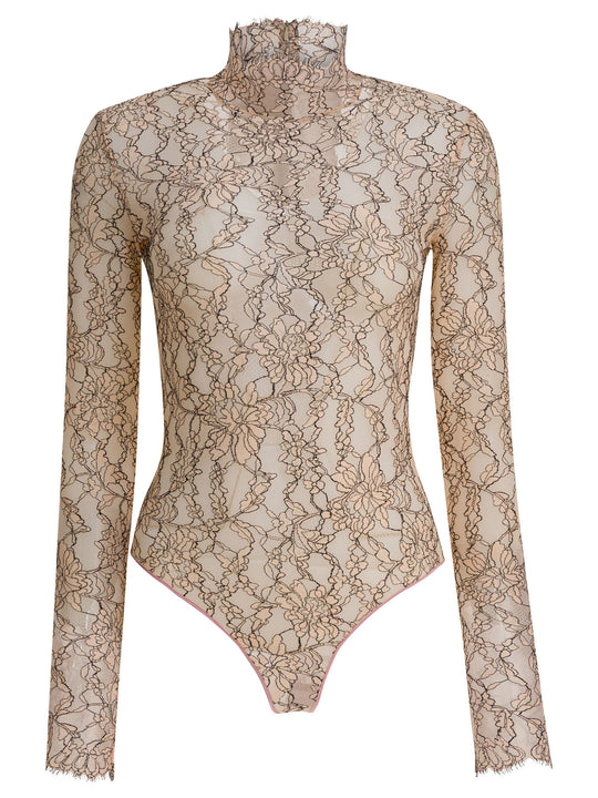 Floral Lace Bodysuit Tops Beige