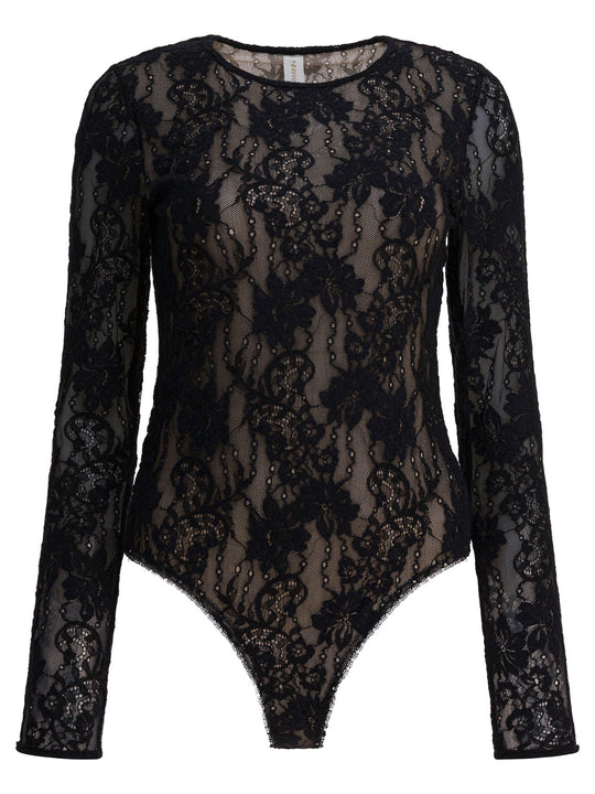 Perforated Lace Bodysuit Tops Black