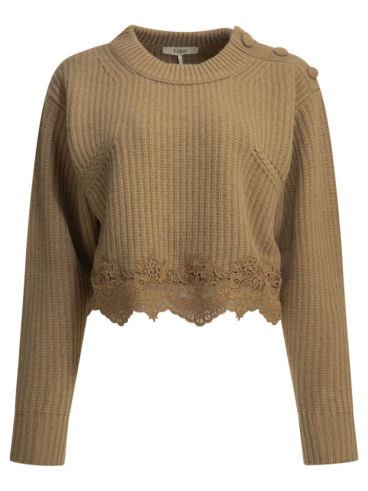 Chloé Crew-Neck Sweater With Lace Knitwear - Brown | 771a55f4357c69da64d2b67340bfe675ade58384