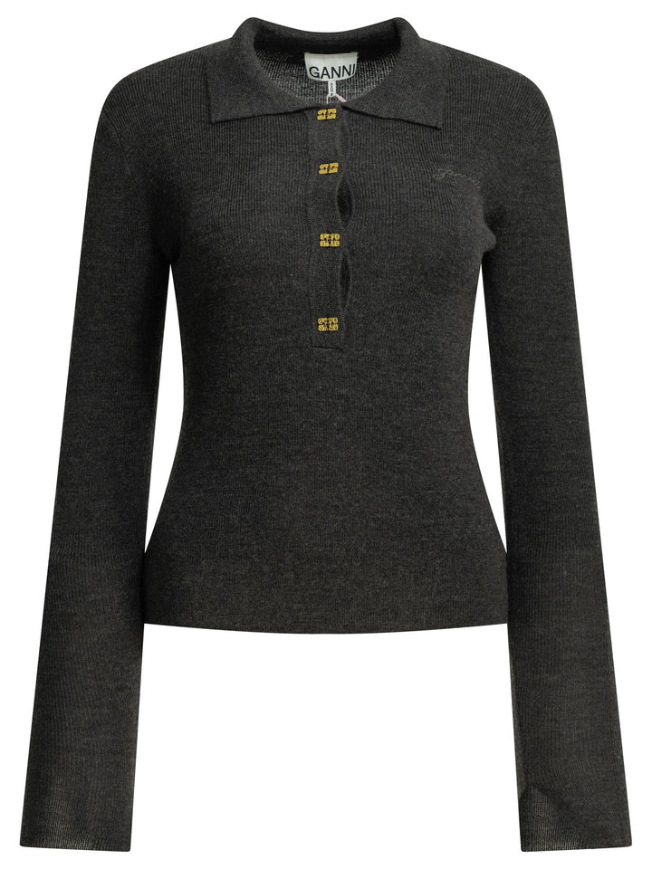 Ganni Logo Polo Sweater Knitwear - Grey | 5095865712d693e0c413c5a833564b01751b54b4