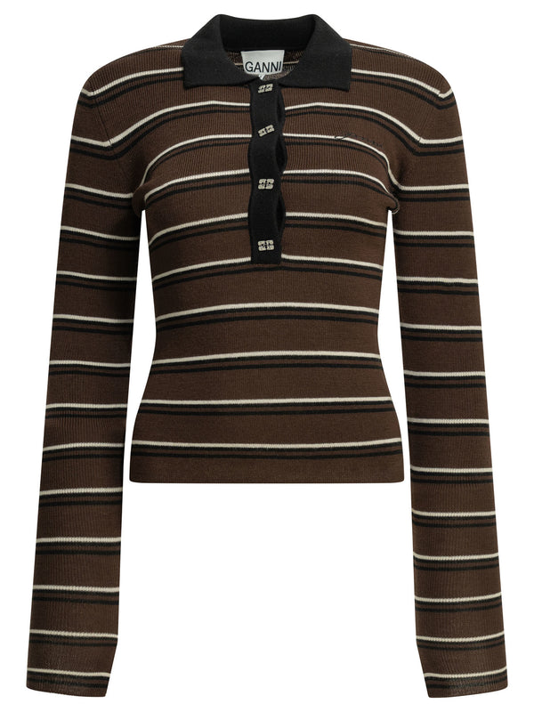 Striped Wool Polo Sweater Knitwear Brown