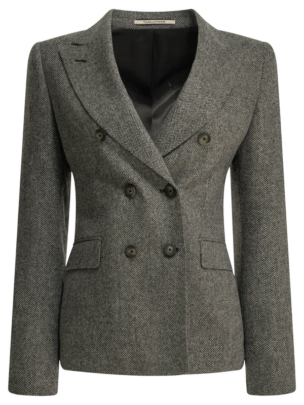 Double-Breasted Herringbone Blazer Jackets And Coats Grey