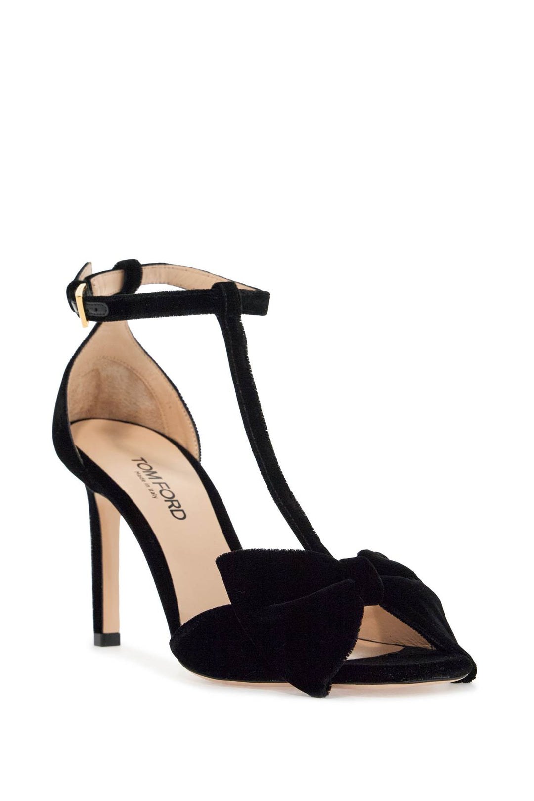 Black Medium Heeled Viscose Sandals With Golden Buckle