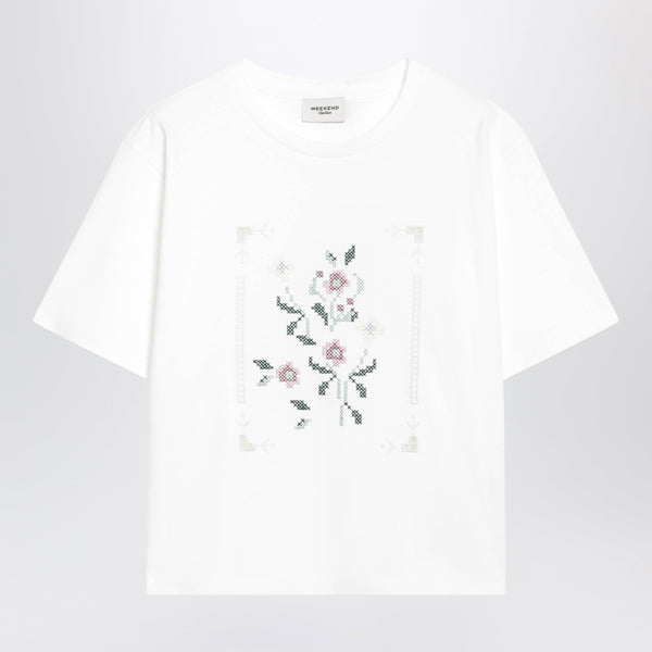 White T-Shirt In Cotton With Floral Embroidery