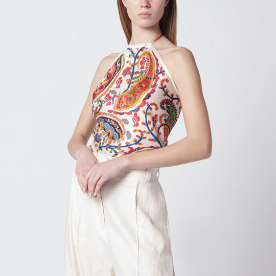 Bandana Top In Silk Twill With Floral Paisley Motif