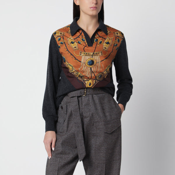 Grey Wool And Cashmere Sweater With Printed Silk Intarsia