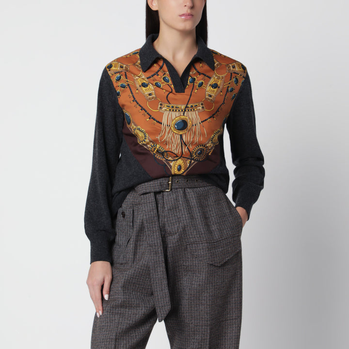 Etro Grey Wool And Cashmere Sweater With Printed Silk Intarsia