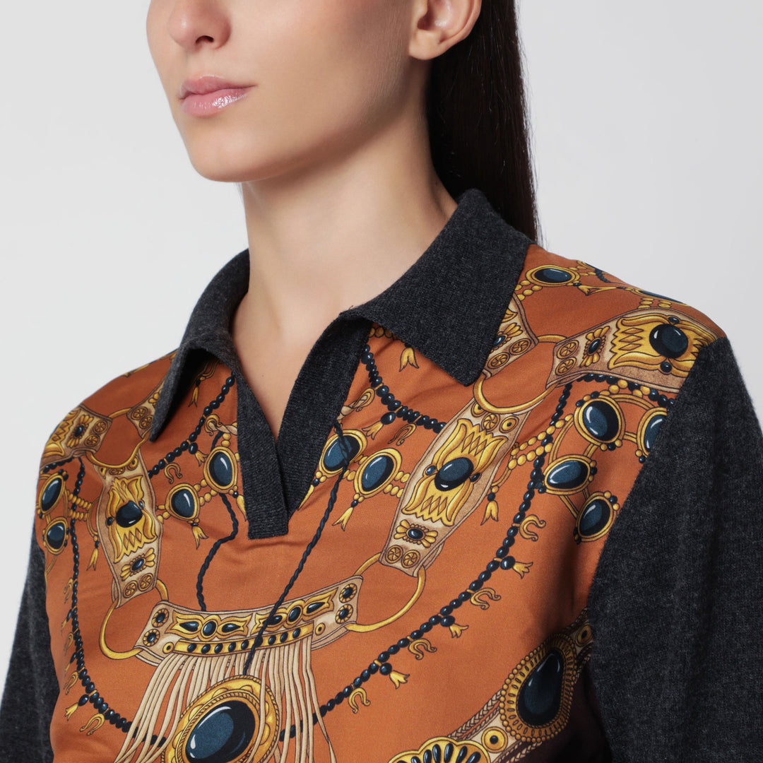 Etro Grey Wool And Cashmere Sweater With Printed Silk Intarsia