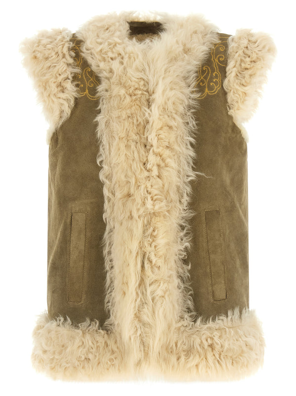 Peacock Embroidery Vest Fur Beige