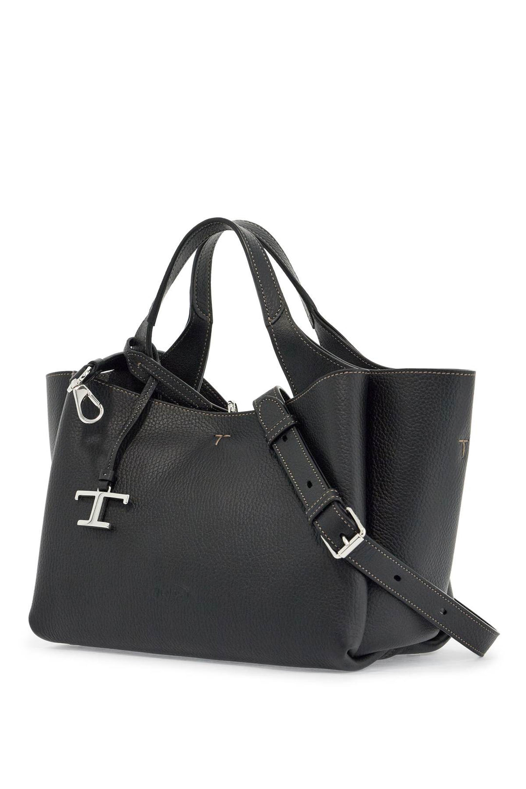 Mini Black Calfskin Handbag With 2 Handles And Shoulder Strap