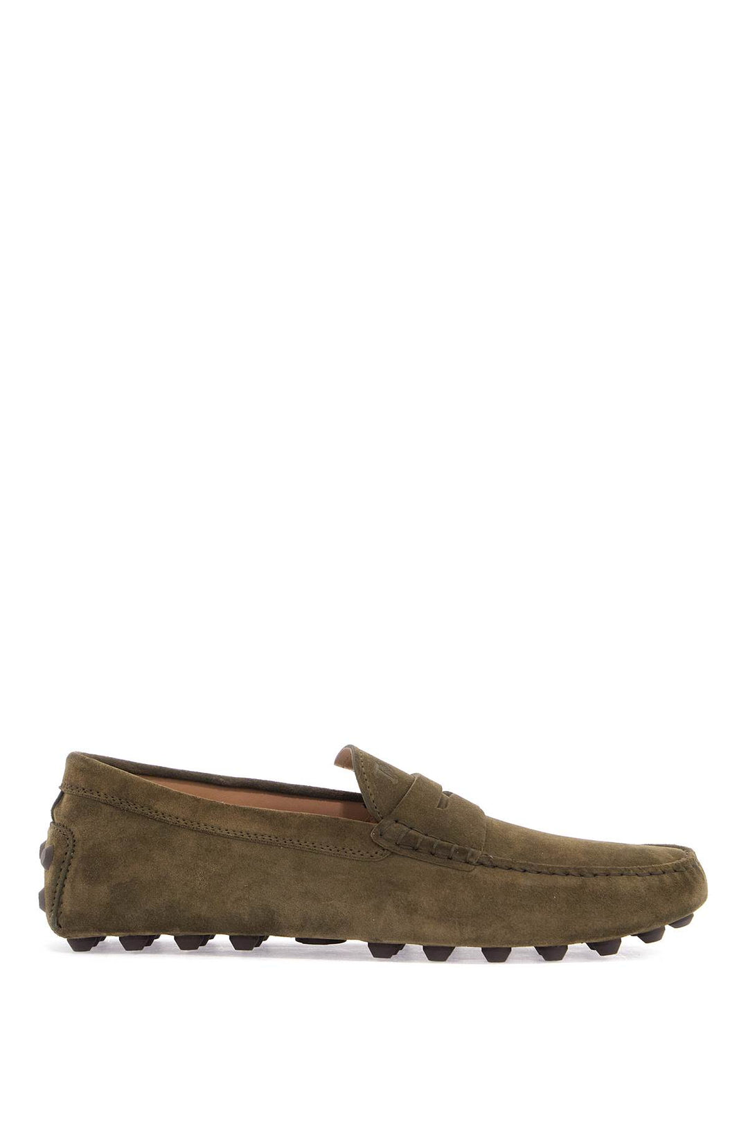 Olive Green Suede Loafers With Rubber Sole