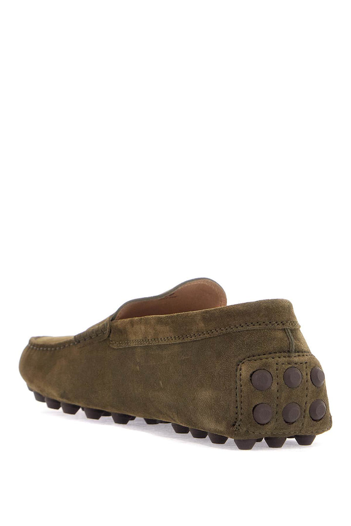 Olive Green Suede Loafers With Rubber Sole