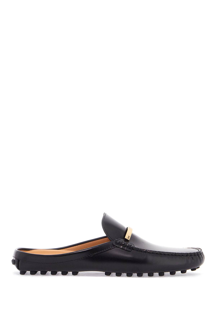 Black Calfskin Slip On Loafers With Metallic Strap And Rubber Sole