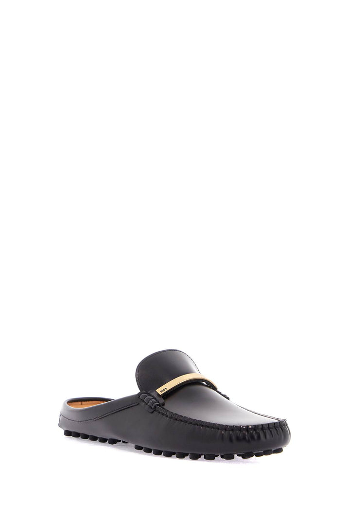 Black Calfskin Slip On Loafers With Metallic Strap And Rubber Sole