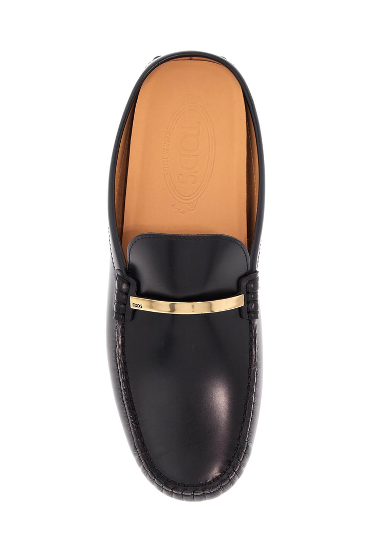 Black Calfskin Slip On Loafers With Metallic Strap And Rubber Sole