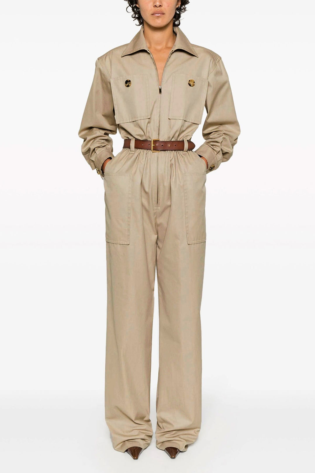 Twill Belt Jumpsuit Jewelry Beige