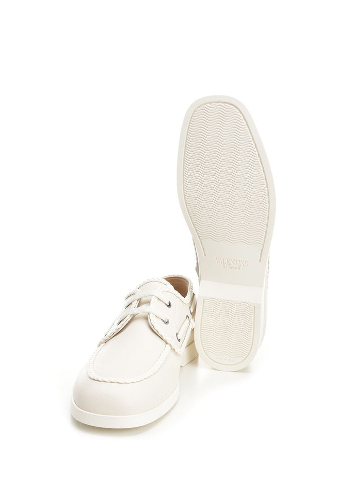 Ivory White Leather Boat Loafer Sneakers White