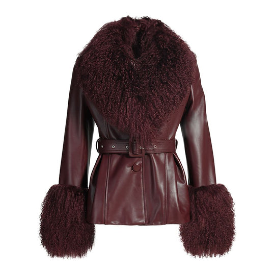 Pegghy Leather and Fur Jacket Wine Red